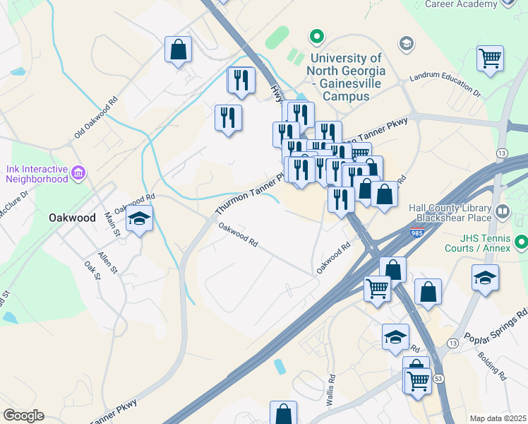 map of restaurants, bars, coffee shops, grocery stores, and more near Lanier Mill Circle in Oakwood