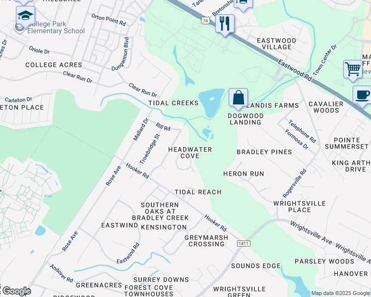 map of restaurants, bars, coffee shops, grocery stores, and more near 1017 Headwater Cove Lane in Wilmington