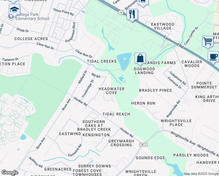 map of restaurants, bars, coffee shops, grocery stores, and more near 1017 Headwater Cove Lane in Wilmington