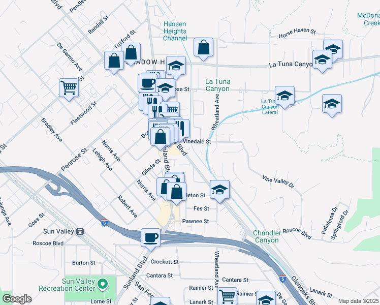 map of restaurants, bars, coffee shops, grocery stores, and more near 10654 Vinedale Street in Los Angeles