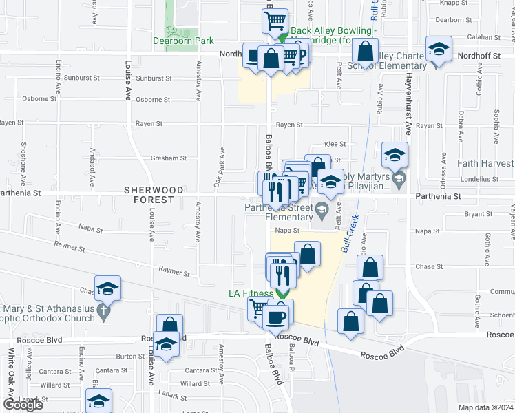 map of restaurants, bars, coffee shops, grocery stores, and more near in Los Angeles