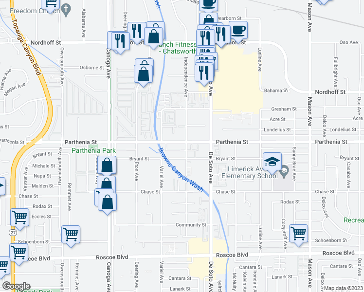 map of restaurants, bars, coffee shops, grocery stores, and more near 21031 Parthenia Street in Los Angeles