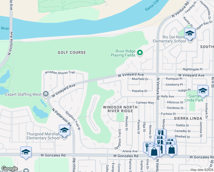 map of restaurants, bars, coffee shops, grocery stores, and more near 2231 Laurel Valley Place in Oxnard