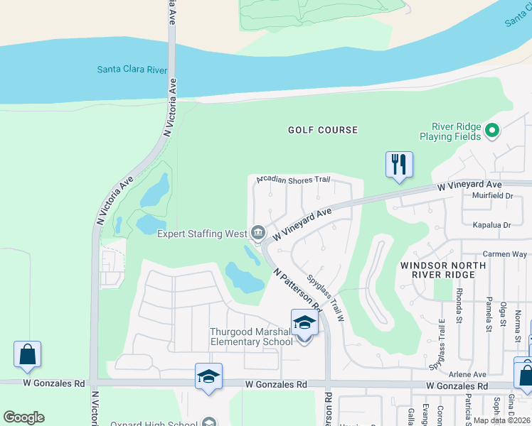 map of restaurants, bars, coffee shops, grocery stores, and more near 2321 Fairway Court in Oxnard