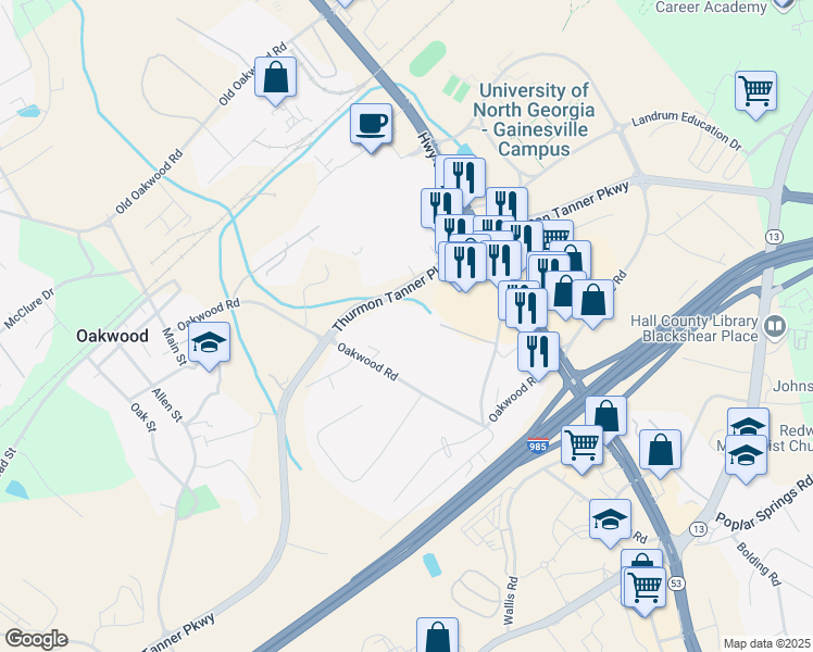 map of restaurants, bars, coffee shops, grocery stores, and more near Lanier Mill Circle in Oakwood
