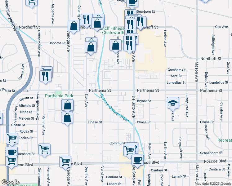 map of restaurants, bars, coffee shops, grocery stores, and more near 21000 Parthenia Street in Los Angeles