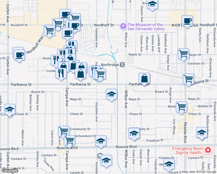 map of restaurants, bars, coffee shops, grocery stores, and more near 19000 Parthenia Street in Los Angeles