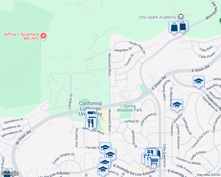 map of restaurants, bars, coffee shops, grocery stores, and more near 2 West Alamar Street in Thousand Oaks