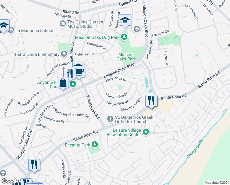 map of restaurants, bars, coffee shops, grocery stores, and more near 5516 Birchview Lane in Camarillo