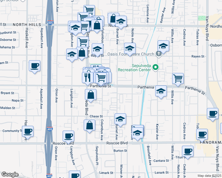 map of restaurants, bars, coffee shops, grocery stores, and more near 8644 Parthenia Place in Los Angeles