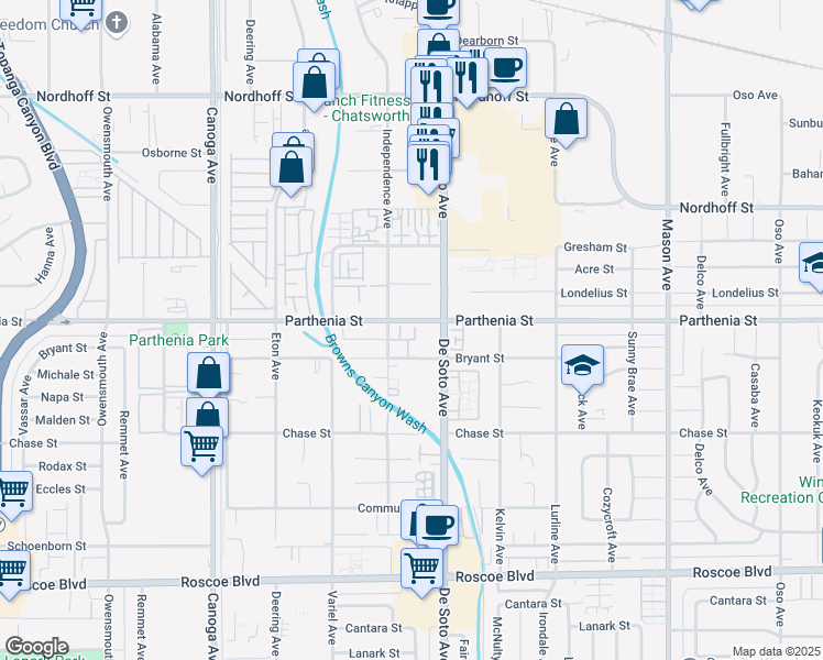 map of restaurants, bars, coffee shops, grocery stores, and more near 20930 Parthenia Street in Los Angeles