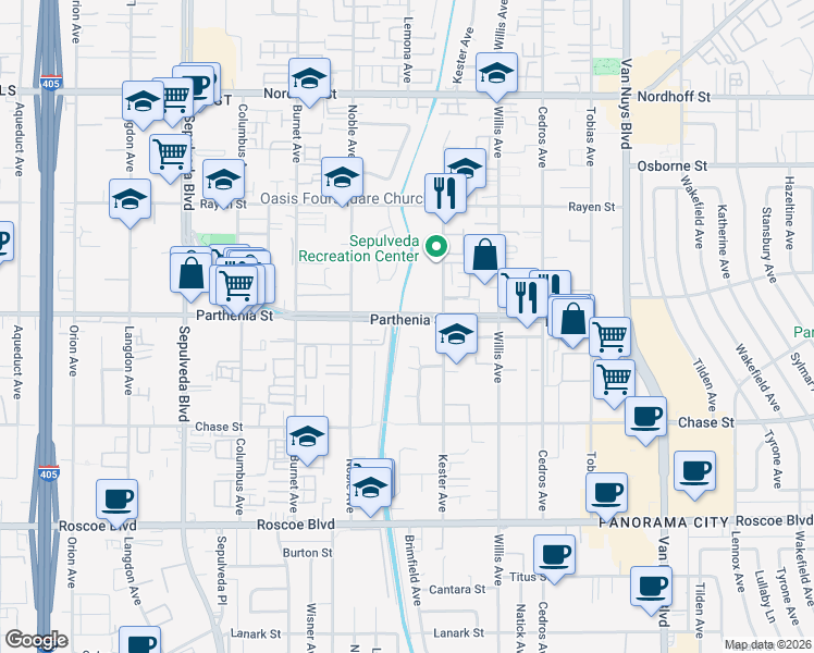 map of restaurants, bars, coffee shops, grocery stores, and more near 14920 Parthenia Street in Los Angeles
