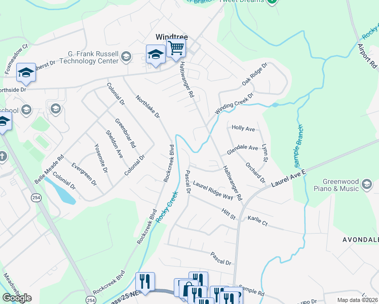 map of restaurants, bars, coffee shops, grocery stores, and more near 311 Rock Knoll Drive in Greenwood