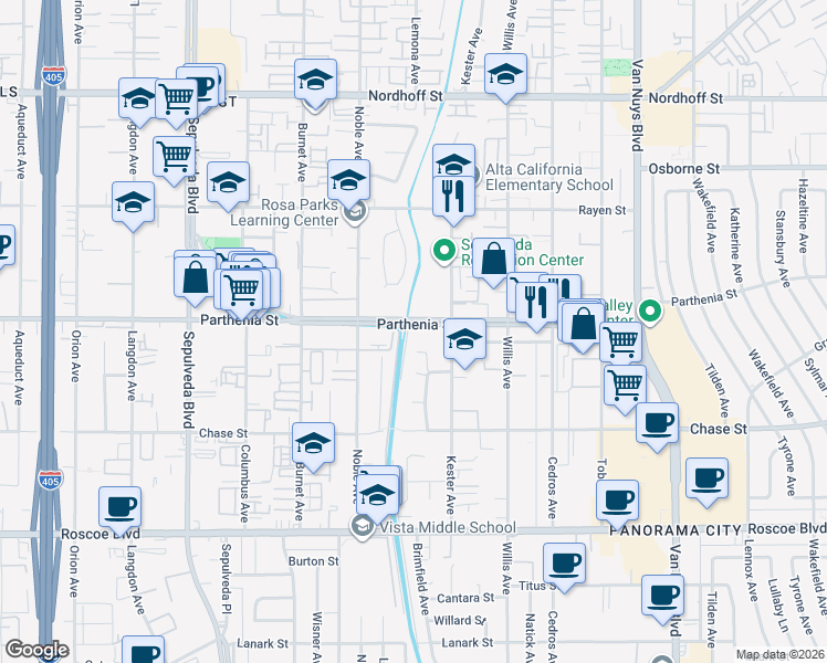map of restaurants, bars, coffee shops, grocery stores, and more near 14920 Parthenia Street in Los Angeles