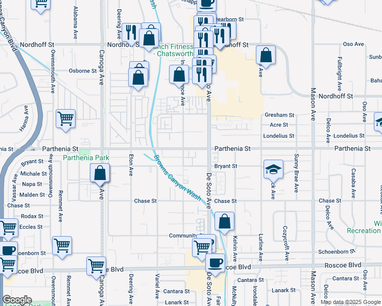 map of restaurants, bars, coffee shops, grocery stores, and more near 20930 Parthenia Street in Los Angeles