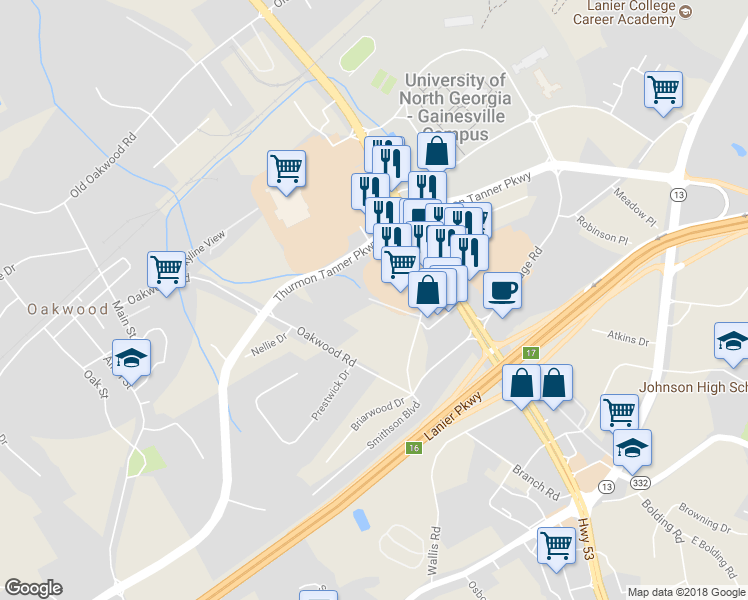 map of restaurants, bars, coffee shops, grocery stores, and more near 1108 Lanier Mill Circle in Oakwood