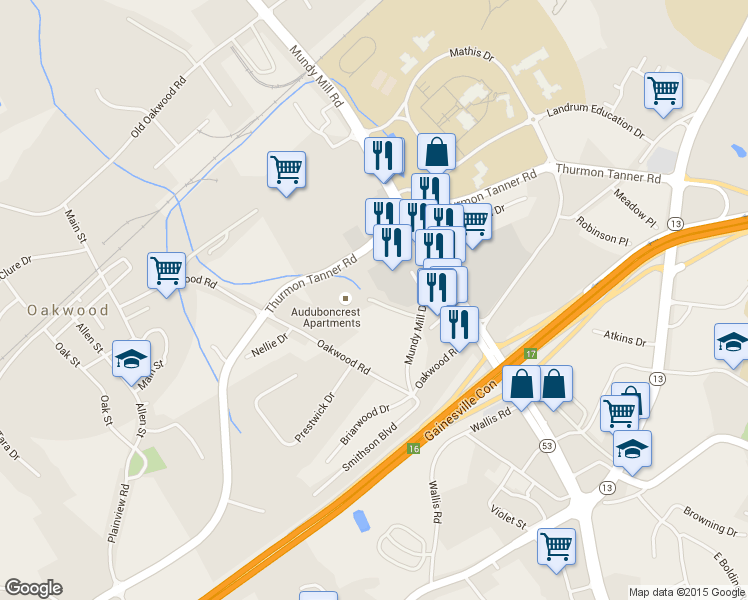 map of restaurants, bars, coffee shops, grocery stores, and more near 1120 Lanier Mill Circle in Oakwood