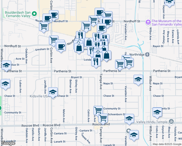 map of restaurants, bars, coffee shops, grocery stores, and more near 19346 Parthenia St in Los Angeles