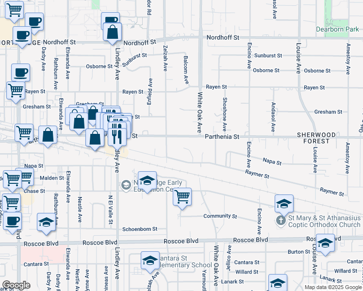 map of restaurants, bars, coffee shops, grocery stores, and more near 8656 Balcom Avenue in Los Angeles