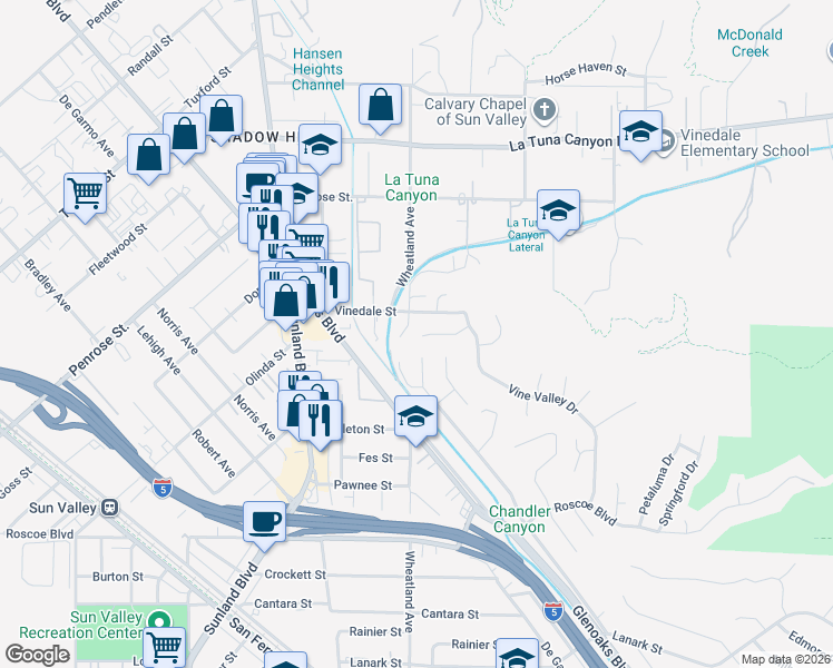 map of restaurants, bars, coffee shops, grocery stores, and more near 8753 Wheatland Avenue in Los Angeles