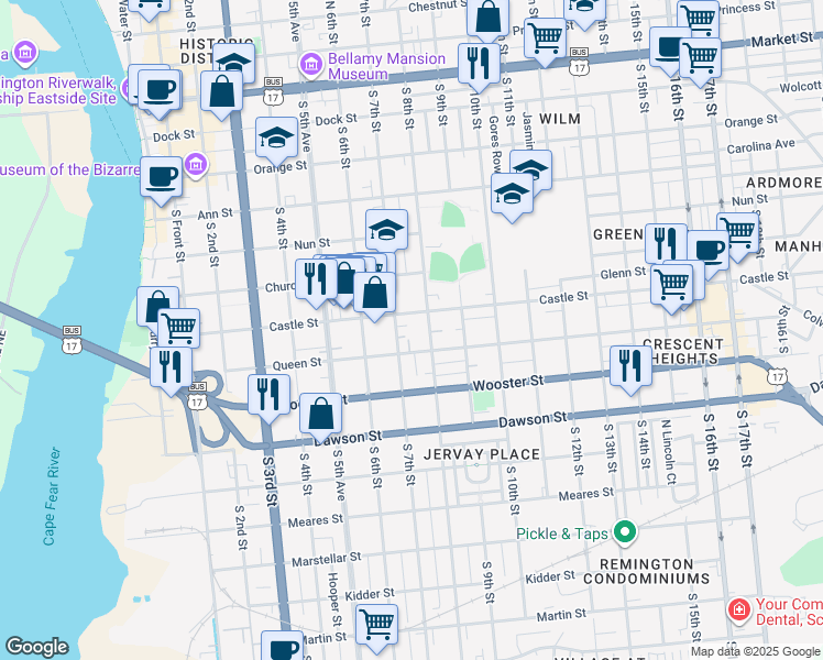 map of restaurants, bars, coffee shops, grocery stores, and more near 720 Castle Street in Wilmington