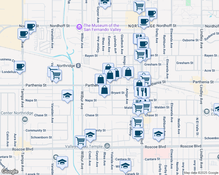 map of restaurants, bars, coffee shops, grocery stores, and more near 18701 Parthenia Street in Los Angeles