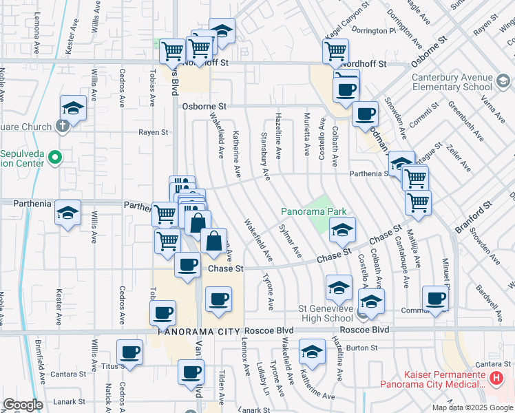 map of restaurants, bars, coffee shops, grocery stores, and more near 8700 Katherine Avenue in Los Angeles
