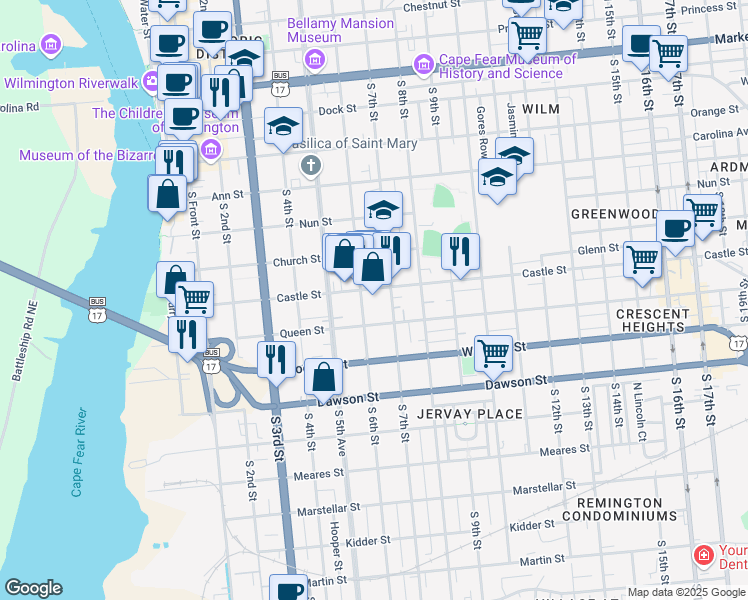 map of restaurants, bars, coffee shops, grocery stores, and more near 608 Castle Street in Wilmington