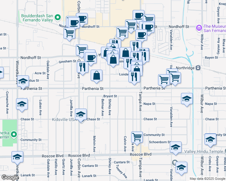 map of restaurants, bars, coffee shops, grocery stores, and more near 19448 Parthenia Street in Los Angeles