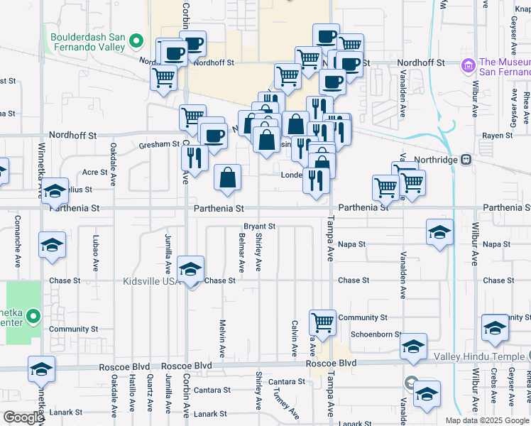 map of restaurants, bars, coffee shops, grocery stores, and more near 19448 Parthenia Street in Los Angeles