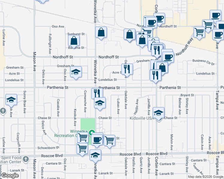 map of restaurants, bars, coffee shops, grocery stores, and more near 20013 Parthenia Street in Los Angeles