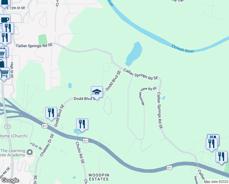 map of restaurants, bars, coffee shops, grocery stores, and more near 95 Dodd Boulevard Southeast in Rome