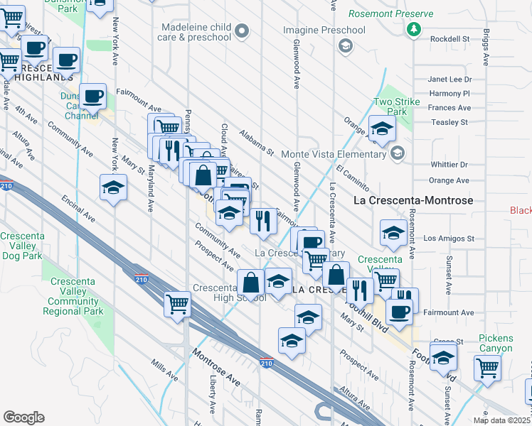 map of restaurants, bars, coffee shops, grocery stores, and more near 4530 Ramsdell Avenue in La Crescenta-Montrose