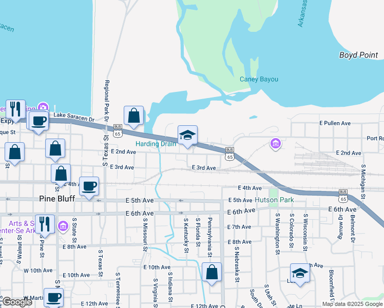 map of restaurants, bars, coffee shops, grocery stores, and more near 1021 East 2nd Avenue in Pine Bluff