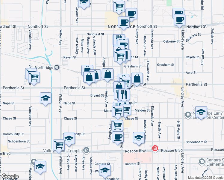 map of restaurants, bars, coffee shops, grocery stores, and more near 18537 Parthenia Street in Los Angeles