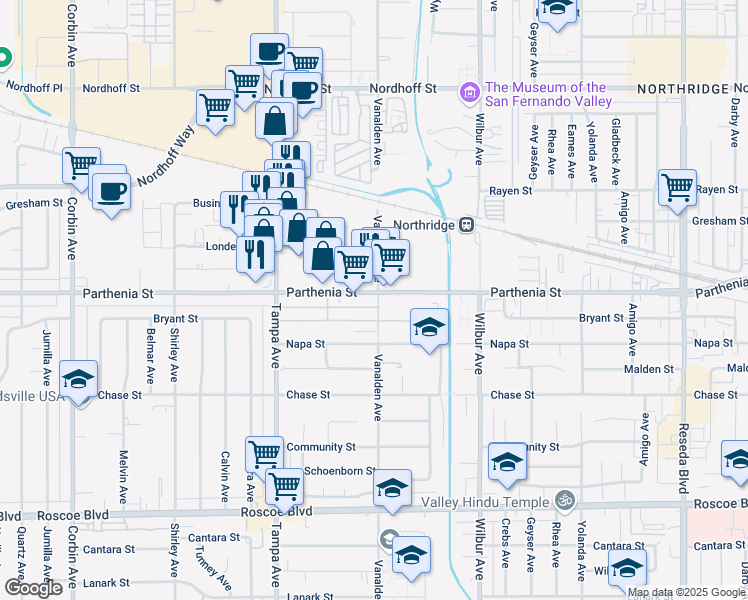 map of restaurants, bars, coffee shops, grocery stores, and more near 19121 Parthenia Street in Los Angeles