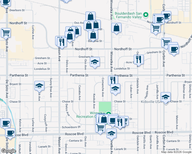 map of restaurants, bars, coffee shops, grocery stores, and more near 20205 Parthenia Street in Los Angeles