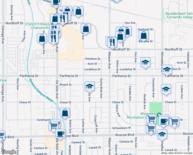 map of restaurants, bars, coffee shops, grocery stores, and more near 20613 Parthenia Street in Los Angeles