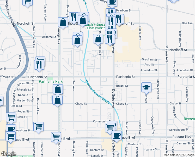 map of restaurants, bars, coffee shops, grocery stores, and more near 21031 Parthenia Street in Los Angeles