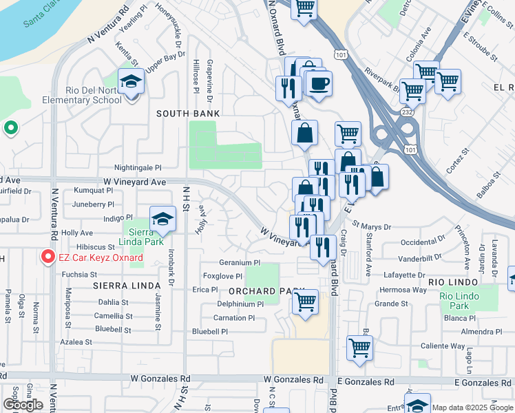 map of restaurants, bars, coffee shops, grocery stores, and more near 513 West Vineyard Avenue in Oxnard