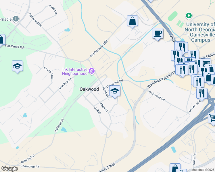 map of restaurants, bars, coffee shops, grocery stores, and more near 4209 Oakwood Road in Oakwood
