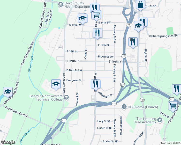 map of restaurants, bars, coffee shops, grocery stores, and more near 308 East 20th Street Southwest in Rome