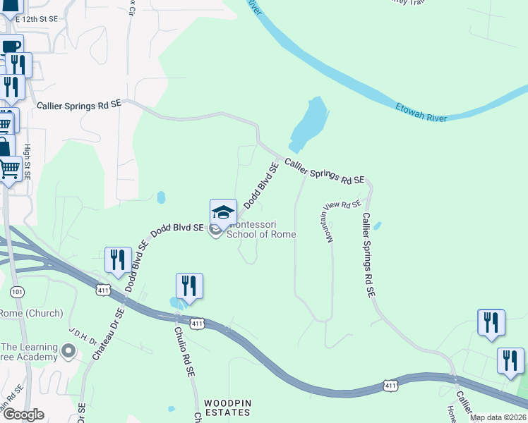 map of restaurants, bars, coffee shops, grocery stores, and more near 83 Dodd Boulevard Southeast in Rome