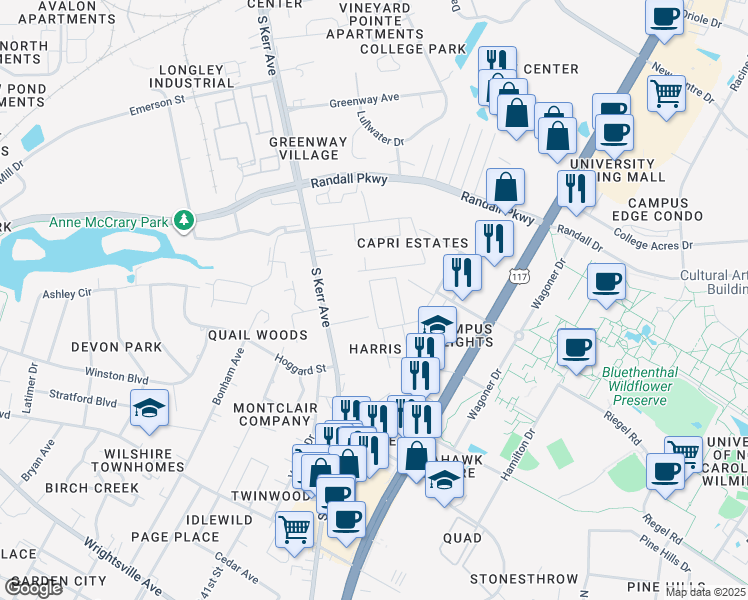 map of restaurants, bars, coffee shops, grocery stores, and more near 4611-4639 Filmore Drive in Wilmington