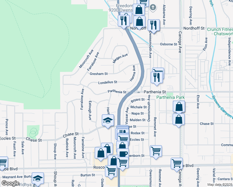 map of restaurants, bars, coffee shops, grocery stores, and more near 8631 Santa Susana Place in Los Angeles