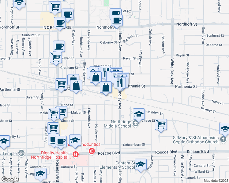 map of restaurants, bars, coffee shops, grocery stores, and more near 18112 Parthenia Street in Los Angeles