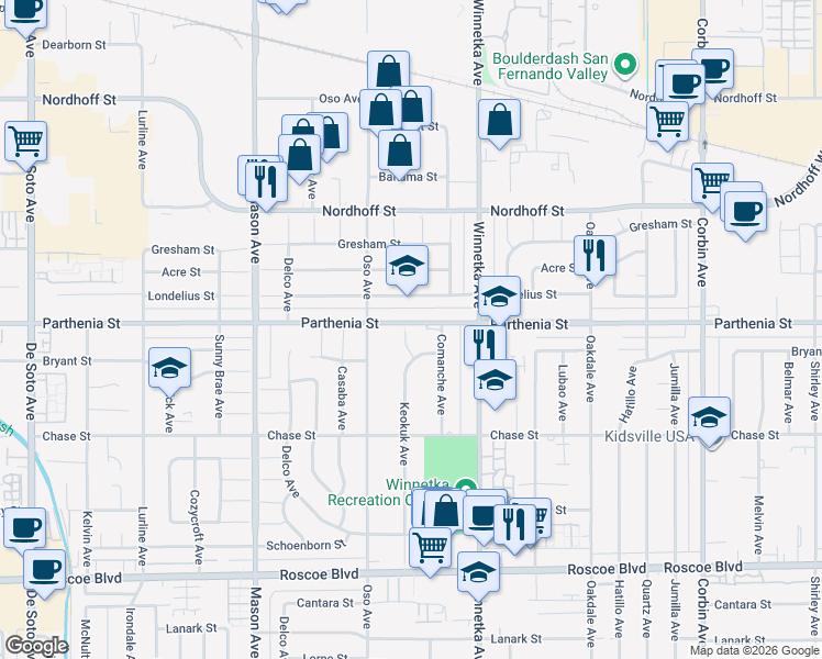 map of restaurants, bars, coffee shops, grocery stores, and more near 20205 Parthenia Street in Los Angeles