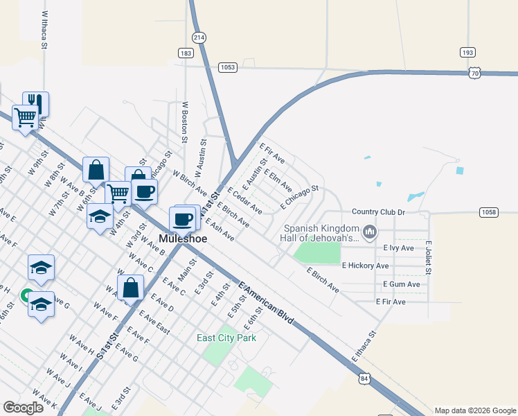 map of restaurants, bars, coffee shops, grocery stores, and more near 222 East Date Avenue in Muleshoe