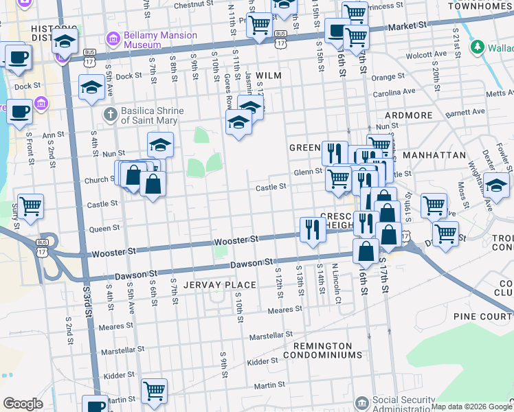 map of restaurants, bars, coffee shops, grocery stores, and more near in Wilmington