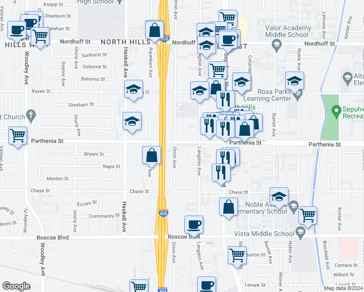 map of restaurants, bars, coffee shops, grocery stores, and more near 15554 Parthenia Street in Los Angeles